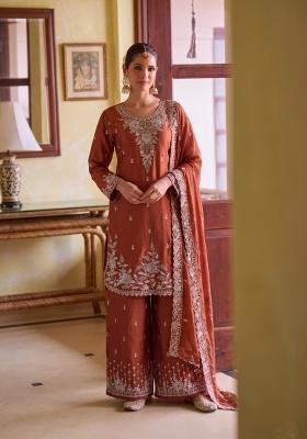 Orange Embroidered Silk Kurta Set