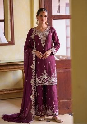 Purple Embroidered Silk Kurta Set