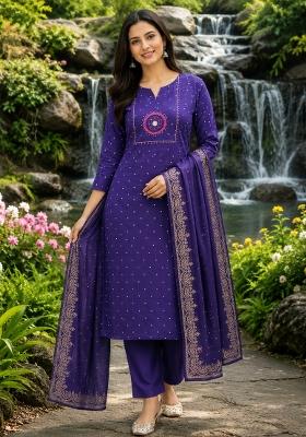 Purple Printed Cotton Kurta Set