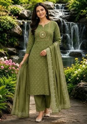 Green Printed Cotton Kurta Set