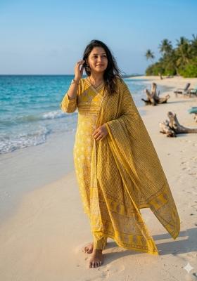Yellow Printed Cotton Kurta Set