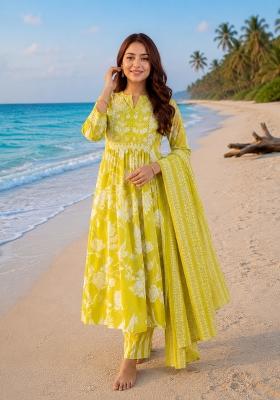 Mustard Printed Cotton Kurta Set