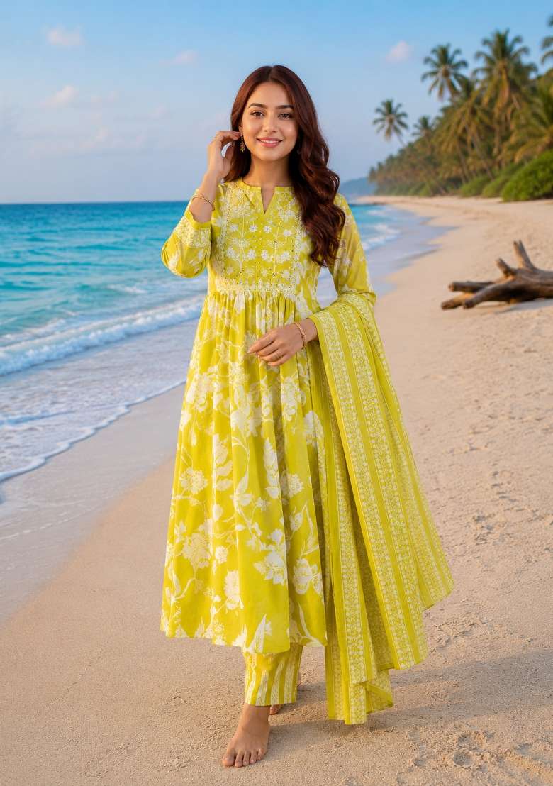 Mustard Printed Cotton Kurta Set - Indya