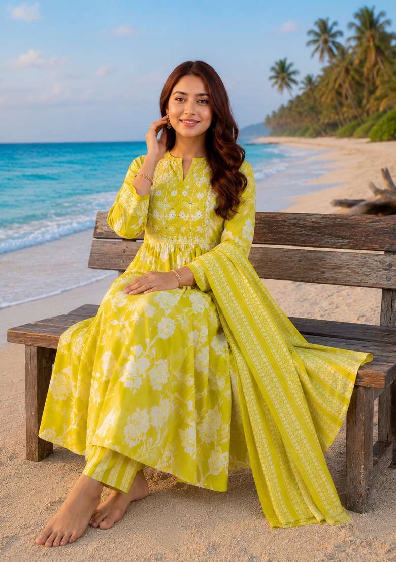 Mustard Printed Cotton Kurta Set - Indya