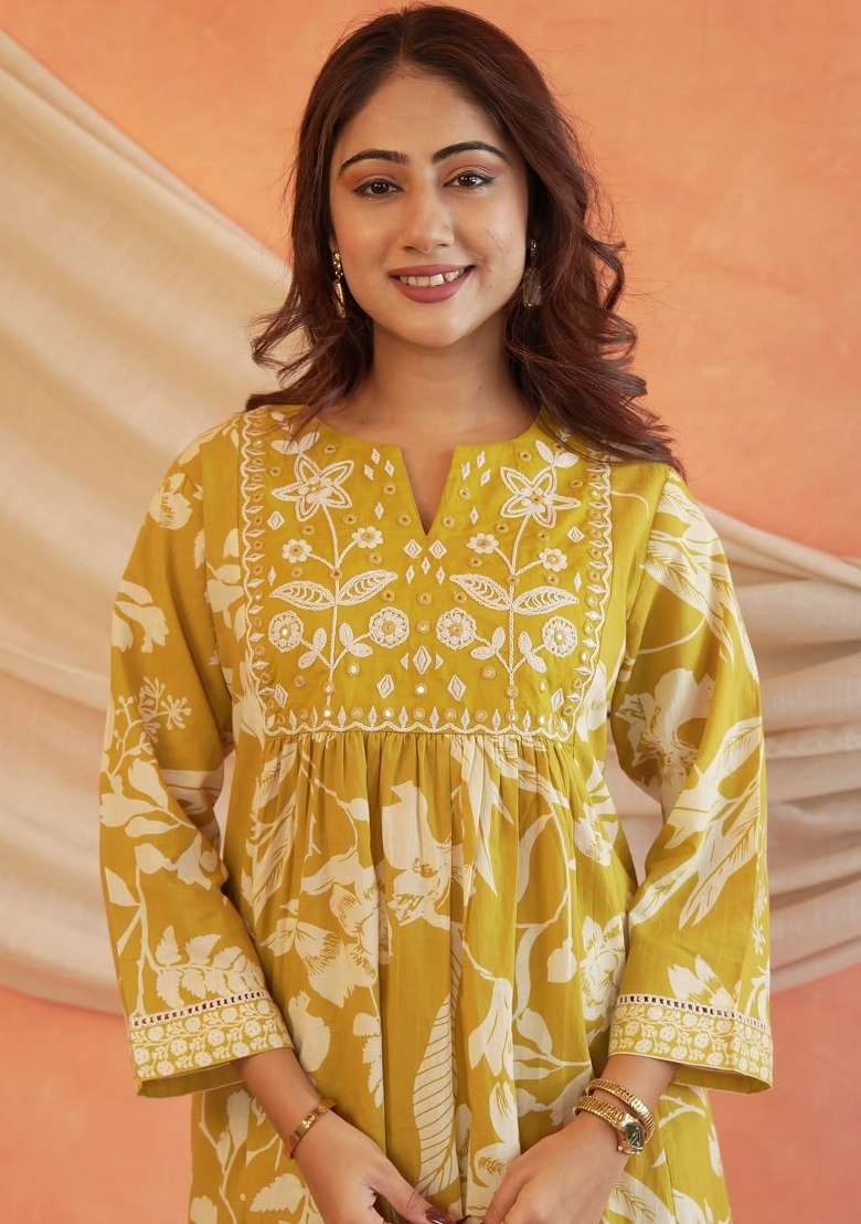 Mustard Printed Cotton Kurta Set - Indya