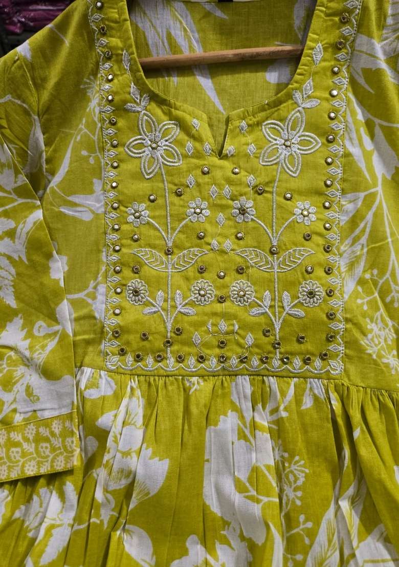 Mustard Printed Cotton Kurta Set - Indya