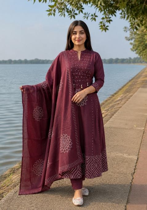 Wine Geometric Cotton Kurta Set