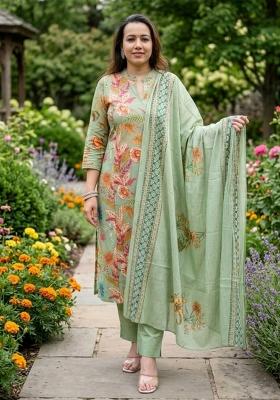 Green Printed Cotton Kurta Set