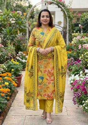 Yellow Printed Cotton Kurta Set