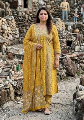 Yellow Printed Cotton Kurta Set