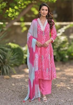 Pink Printed Cotton Kurta Set