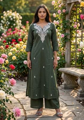 Green Patch Work Cotton Kurta Set
