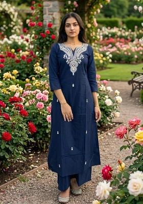 Blue Patch Work Cotton Kurta Set
