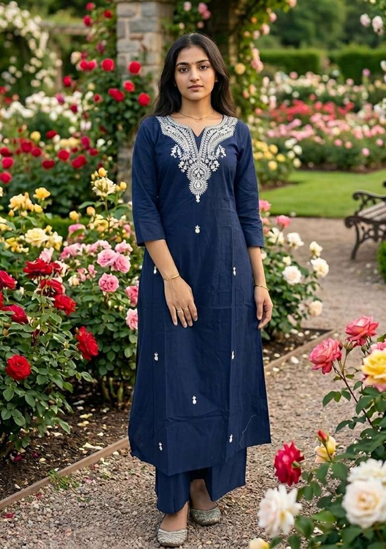 Blue Patch Work Cotton Kurta Set - Indya
