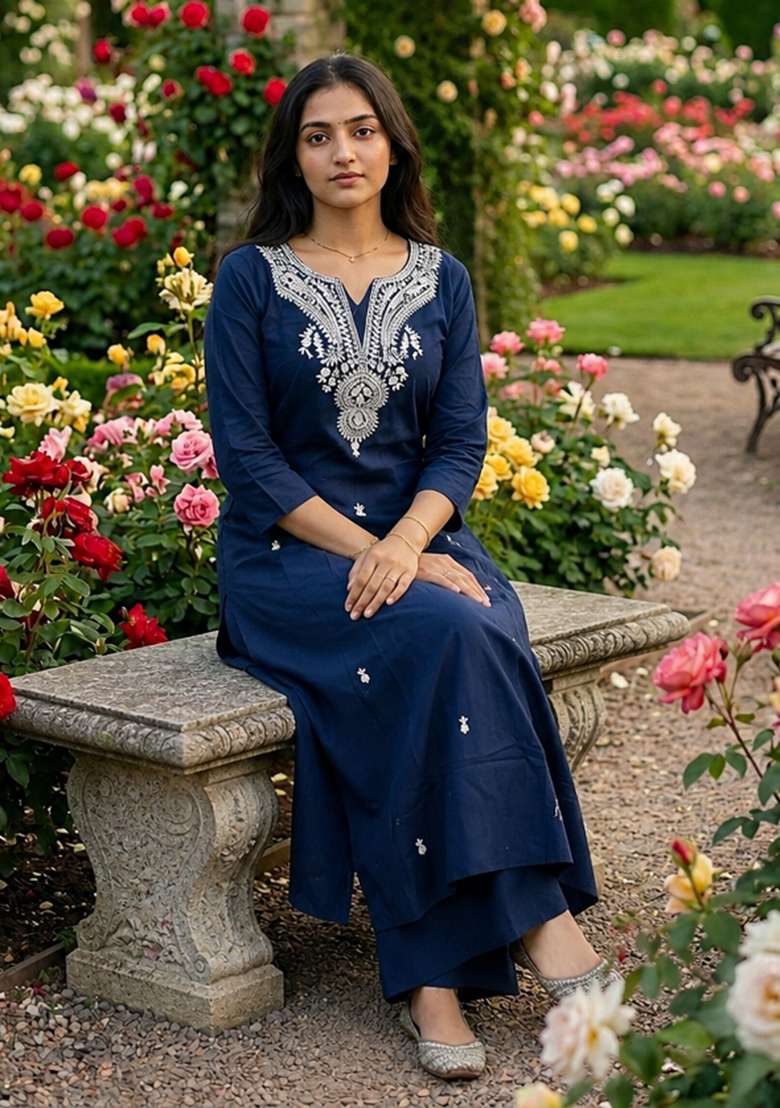 Blue Patch Work Cotton Kurta Set - Indya