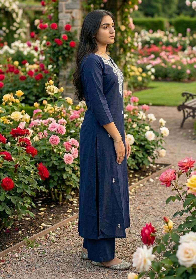 Blue Patch Work Cotton Kurta Set - Indya