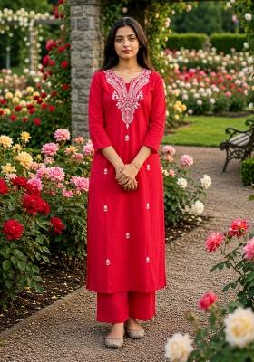 Red Patch Work Cotton Kurta Set