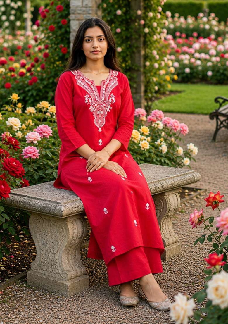 Red Patch Work Cotton Kurta Set - Indya