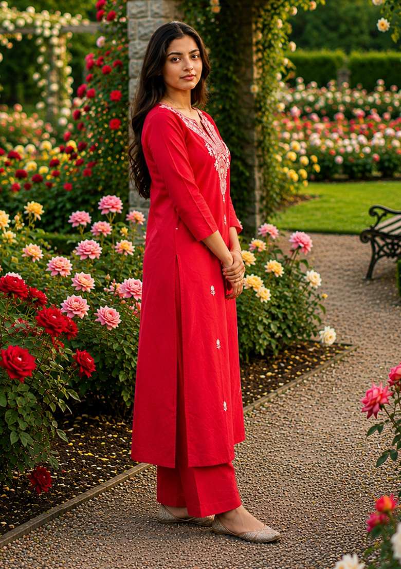 Red Patch Work Cotton Kurta Set - Indya