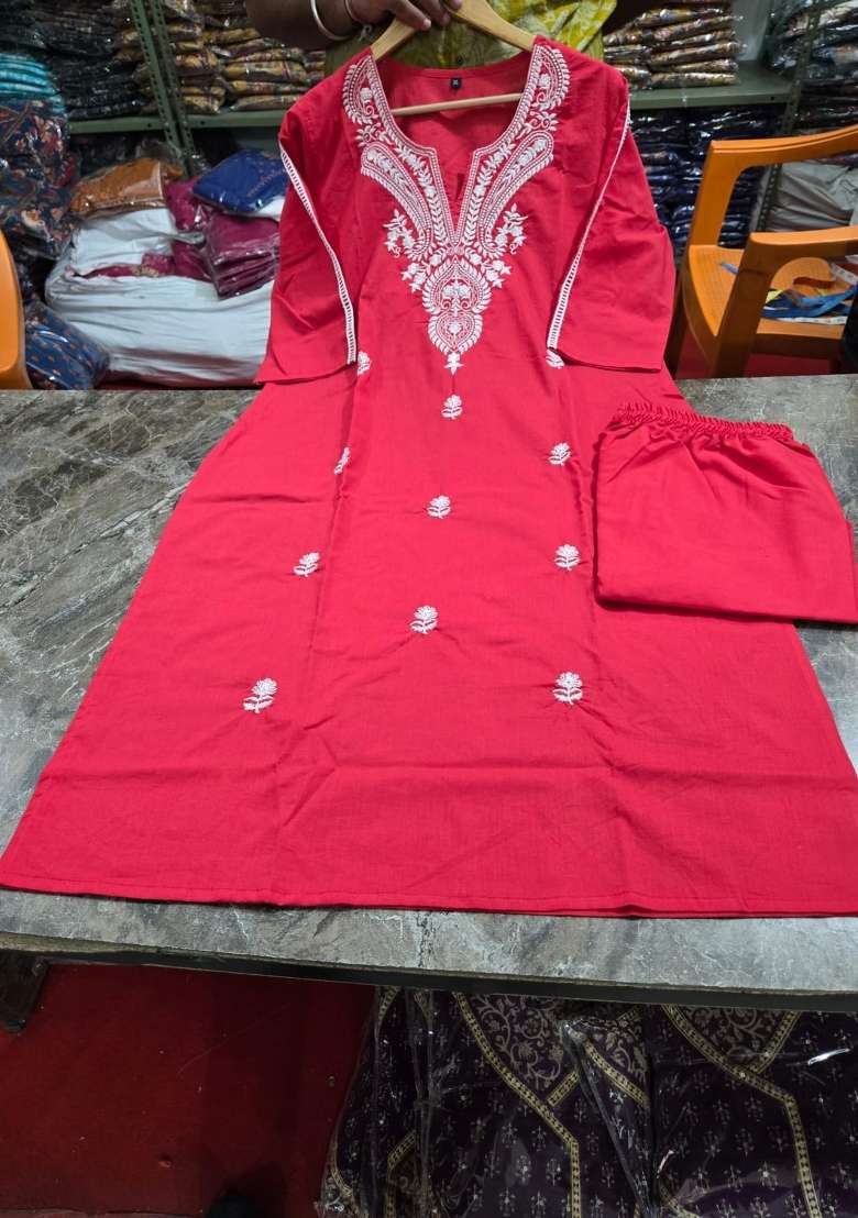 Red Patch Work Cotton Kurta Set - Indya