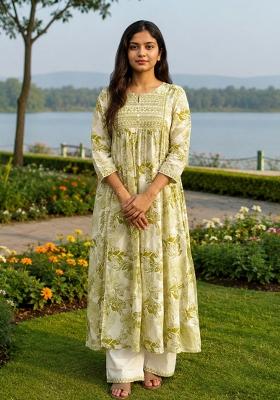 Green Printed Cotton Kurta Set