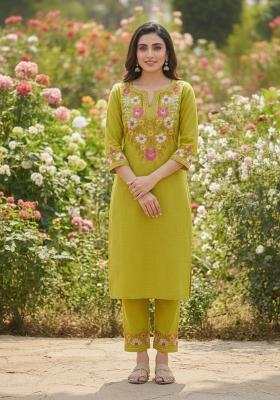 Yellow Embroidered Cotton Kurta Set