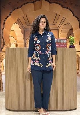Blue Embroidered Cotton Kurta Set