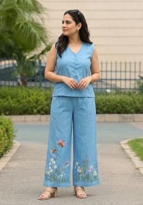 Sky Blue Embroidered Cotton Kurta Set