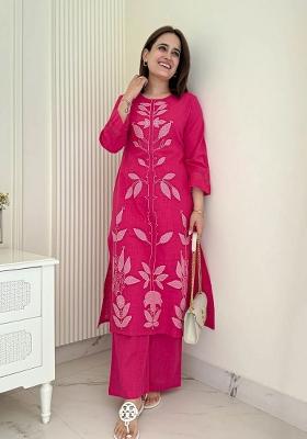 Pink Embroidered Cotton Kurta Set
