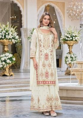Off White Embroidered Chiffon Salwar Kameez