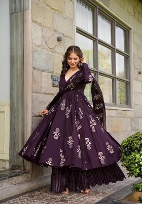 Dark Purple Printed Muslin Kurta Set
