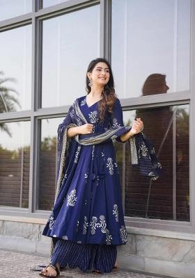 Royal Blue Printed Muslin Kurta Set