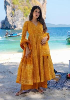 Pumpkin Yellow Printed Muslin Kurta Set