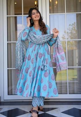Electric Blue Printed Muslin Kurta Set