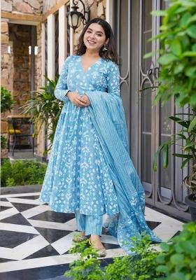 Bright Blue Printed Muslin Kurta Set
