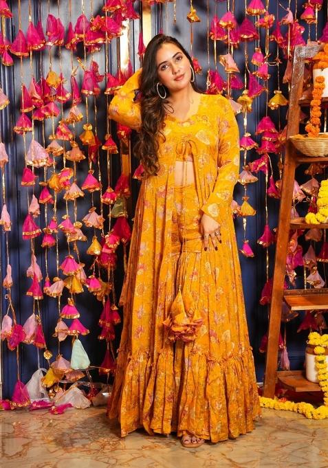 Yellow Printed Chinon Sharara Set
