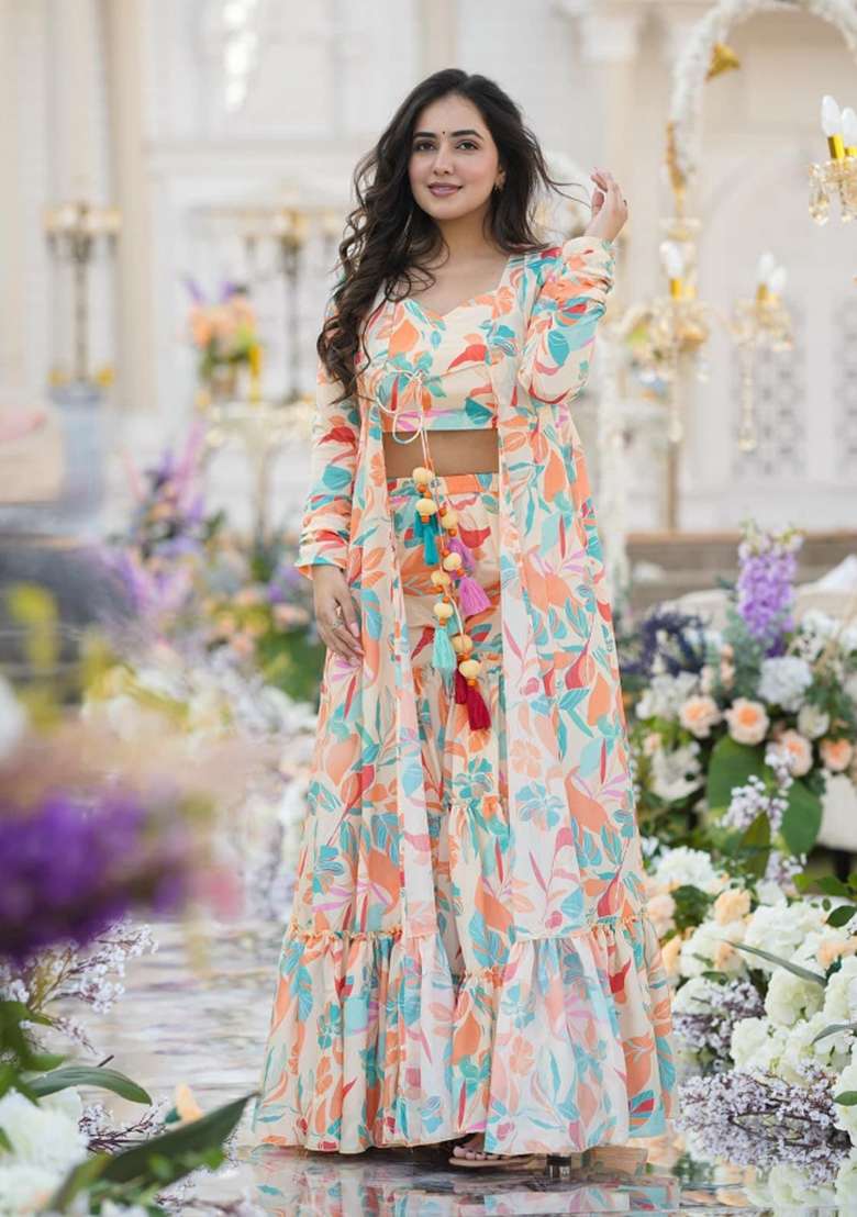 White Printed Chinon Sharara Set - Indya
