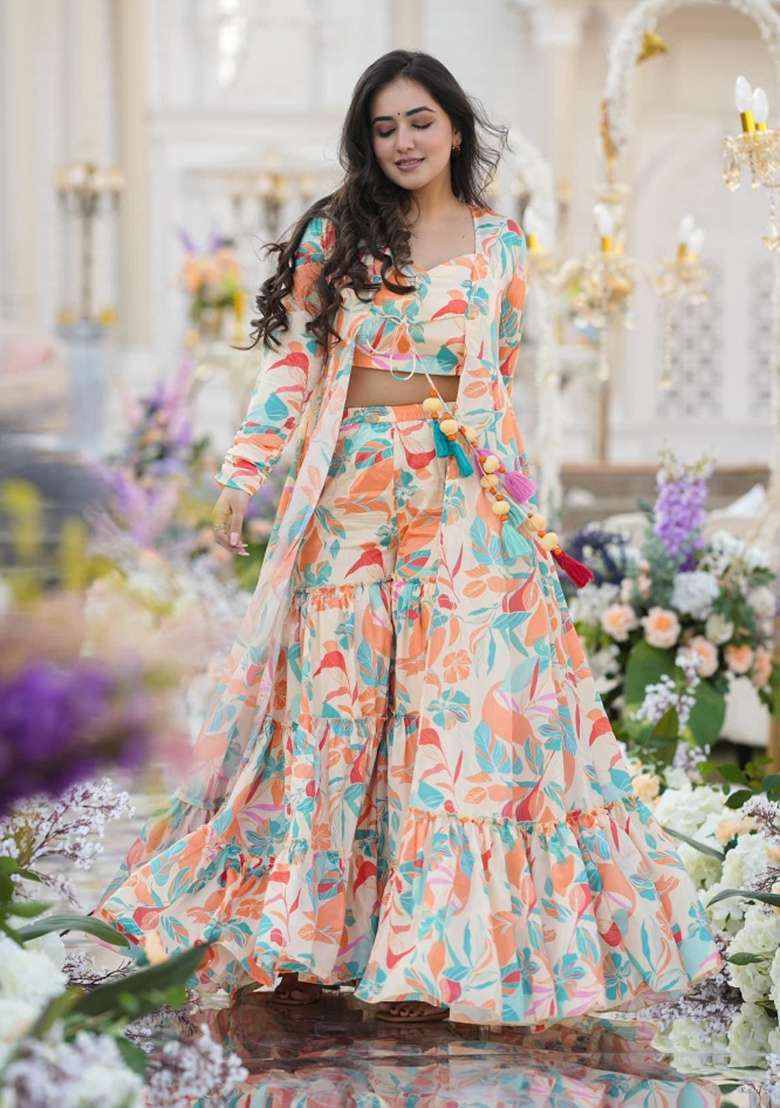 White Printed Chinon Sharara Set - Indya