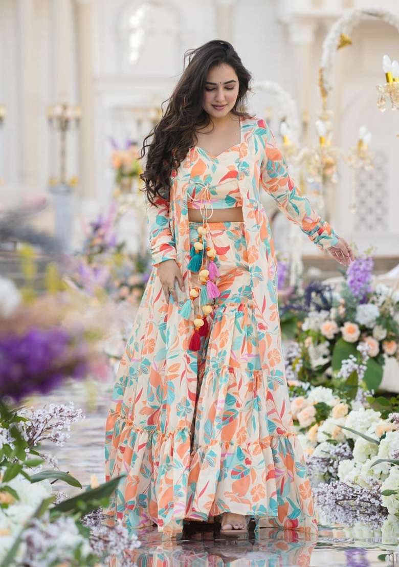 White Printed Chinon Sharara Set - Indya