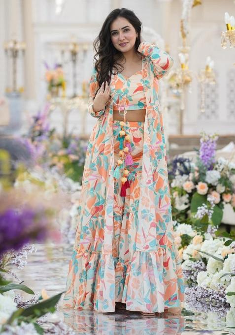 White Printed Chinon Sharara Set
