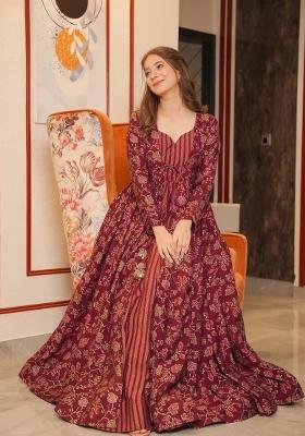 Maroon Printed Muslin Gown