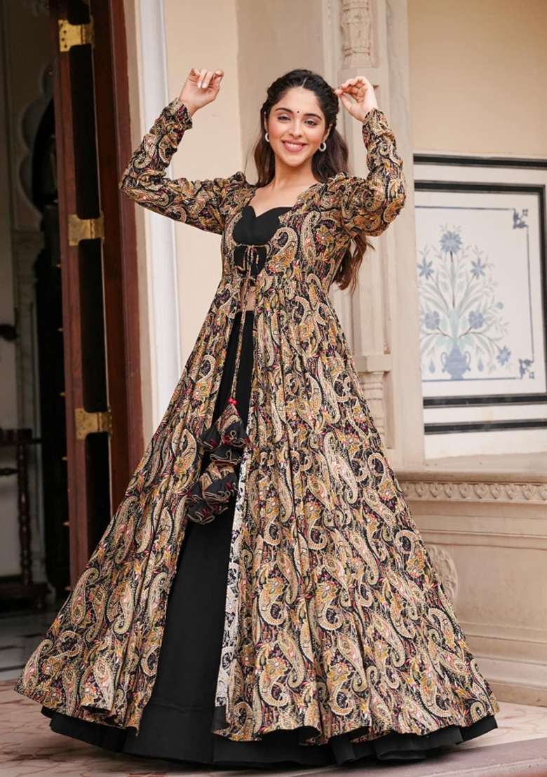 Black Printed Georgette Palazzo Set - Indya