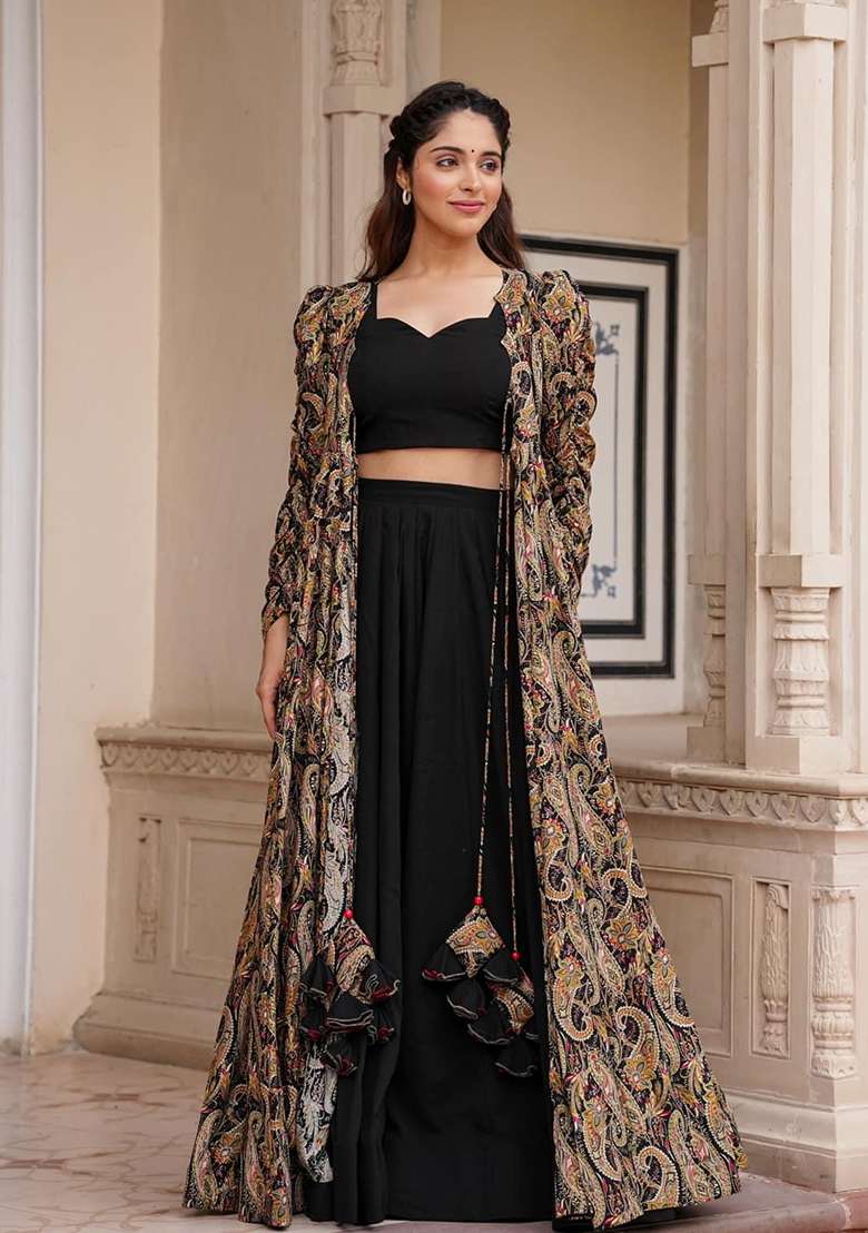 Black Printed Georgette Palazzo Set - Indya