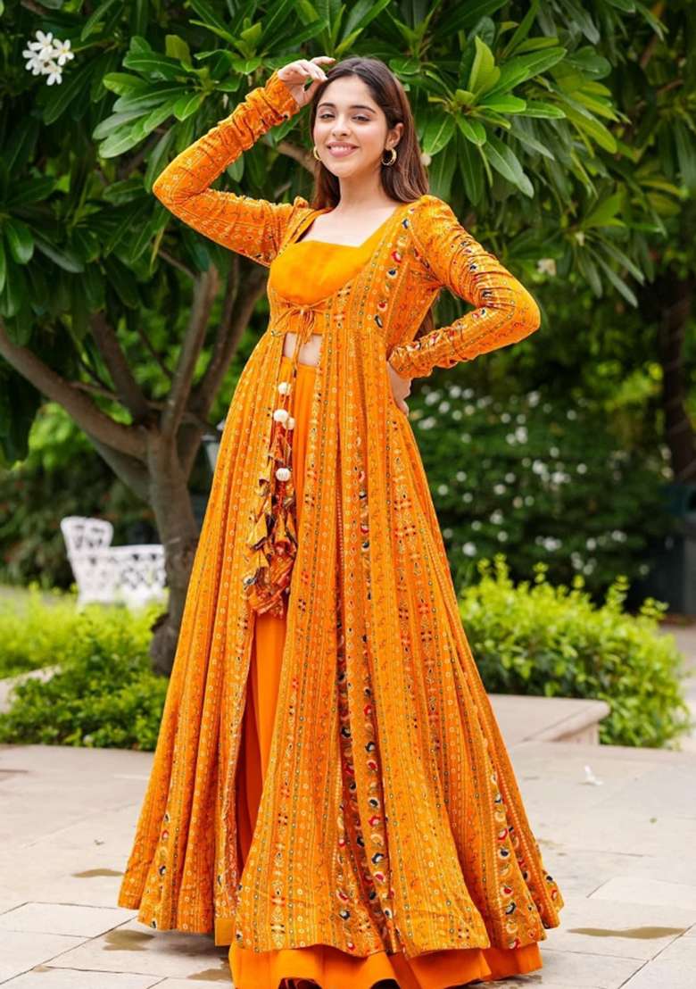 Bright Orange Printed Georgette Palazzo Set - Indya