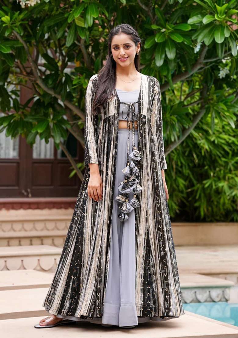Light Grey Printed Georgette Palazzo Set - Indya