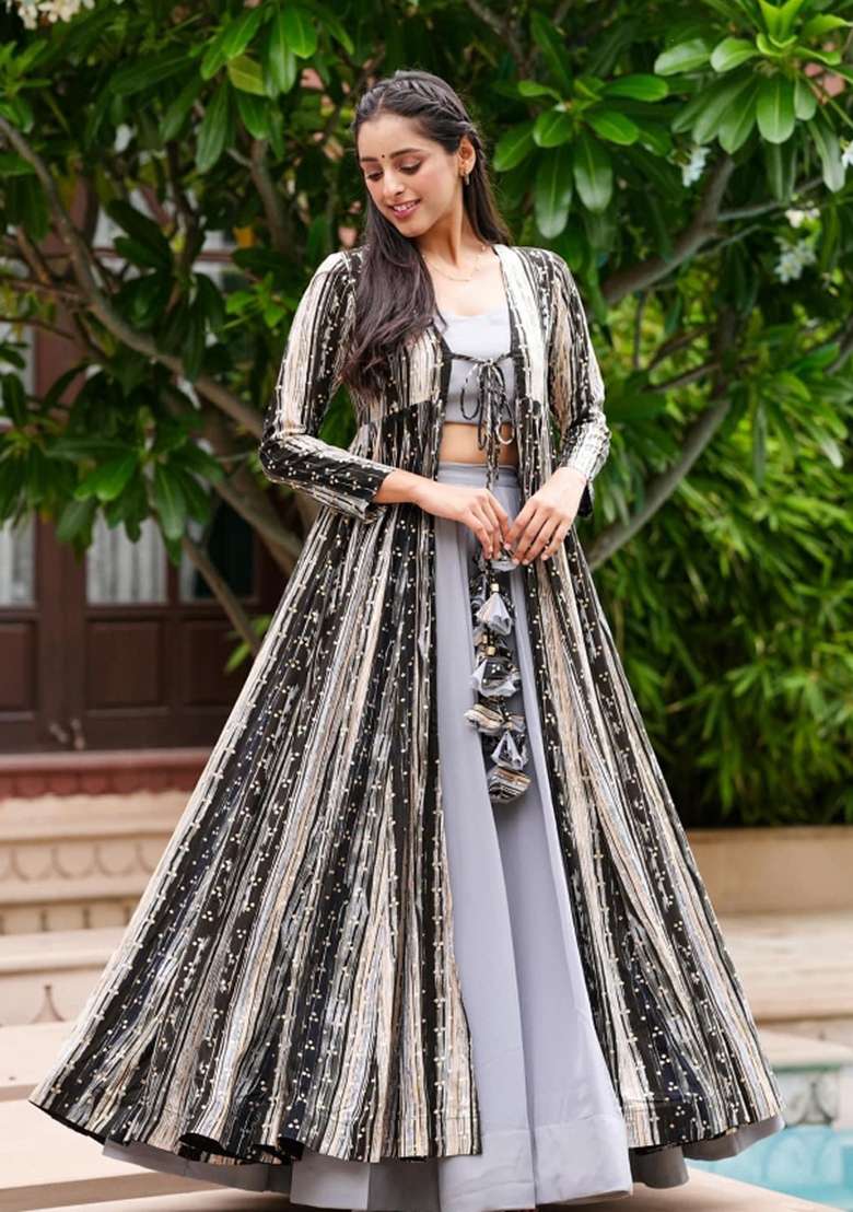 Light Grey Printed Georgette Palazzo Set - Indya