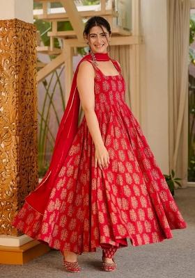 Red Printed Muslin Kurta Set