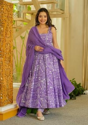 Lavender Printed Muslin Kurta Set