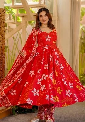 Orange Printed Muslin Kurta Set