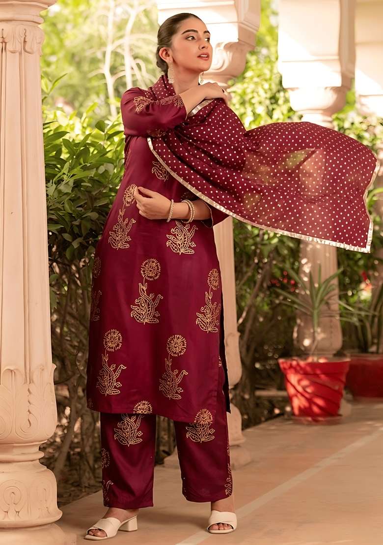 Wine Rayon Kurta Set - Indya